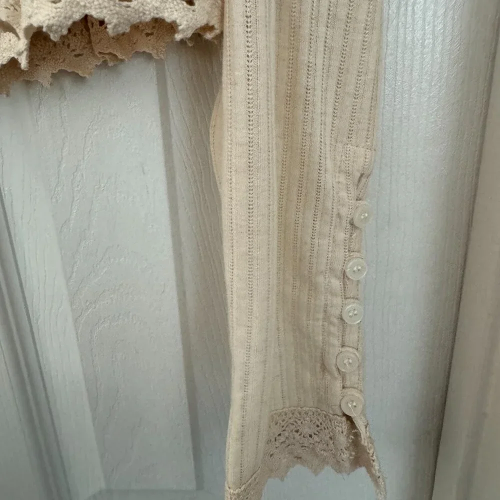 NWT, Free People Third Date Top, Crocheted Hem, Almond / Off-white Color, L